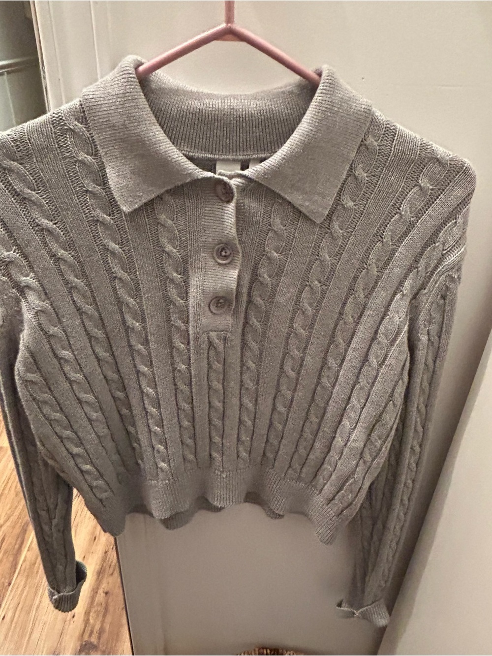 Simons Light Gray Cable-Knit Polo Sweater
